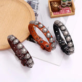 Vintage Rivet Inlay Leather Braid Bracelet with Pearl Pendant