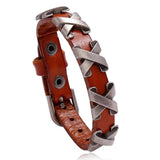 Vintage Rivet Inlay Leather Braid Bracelet with Pearl Pendant