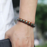 Vintage Rivet Inlay Leather Braid Bracelet with Pearl Pendant