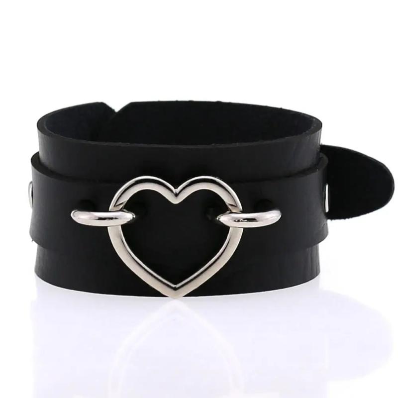 Silver Heart Wide Cuff Leather Bracelets Unisex Wristband