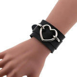 Silver Heart Wide Cuff Leather Bracelets Unisex Wristband