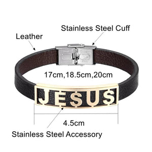Religious Jesus Bracelet Stainless Steel Leather Cuff Bangle
