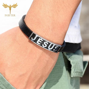 Religious Jesus Bracelet Stainless Steel Leather Cuff Bangle