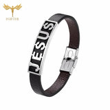 Religious Jesus Bracelet Stainless Steel Leather Cuff Bangle