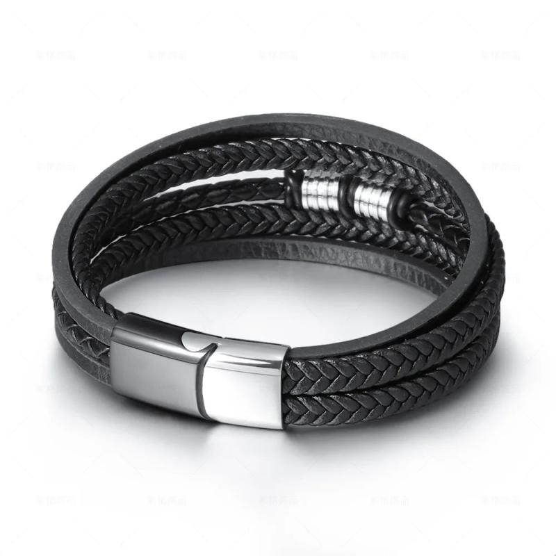 Multilayer Stainless Steel Leather Bracelet for Men