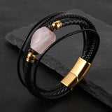 Braided Multilayer Leather Bracelet with Gemstone Crystals
