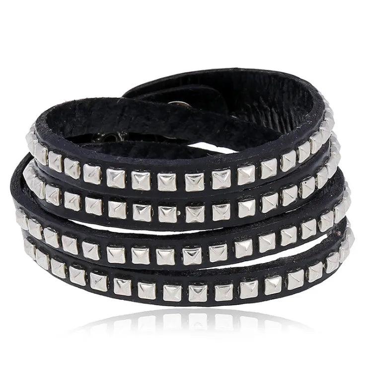 Punk Rock Men Bracelet Cuff Multilayer Leather Rivets Charm Bangle Wrap
