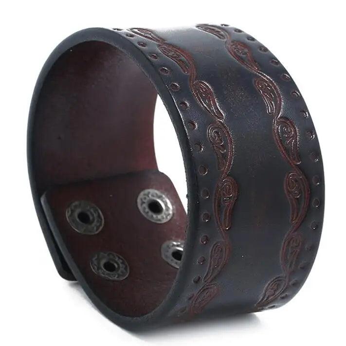 Vintage Wide Leather Wristbands Retro Cowhide Adjustable Cuff Bracelets