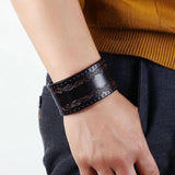 Vintage Wide Leather Wristbands Retro Cowhide Adjustable Cuff Bracelets