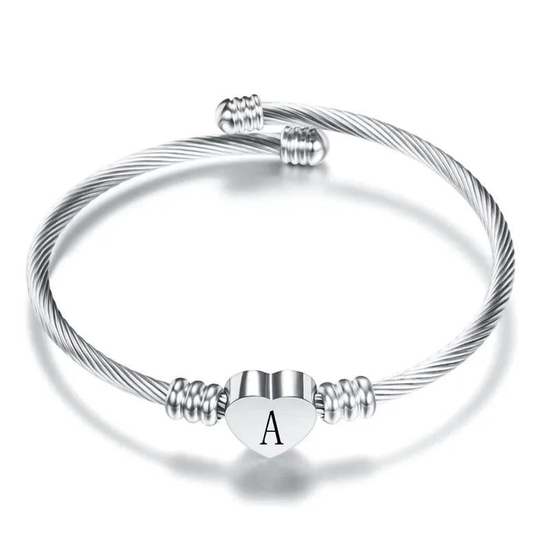 Women's Stainless Steel Heart Charm Bracelets with Initial Alphabet Letter