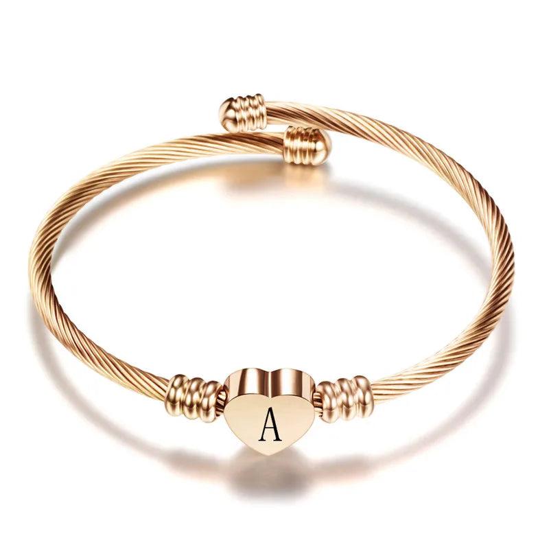 Rose Heart Bracelet Bangle with Alphabet Charms for Women