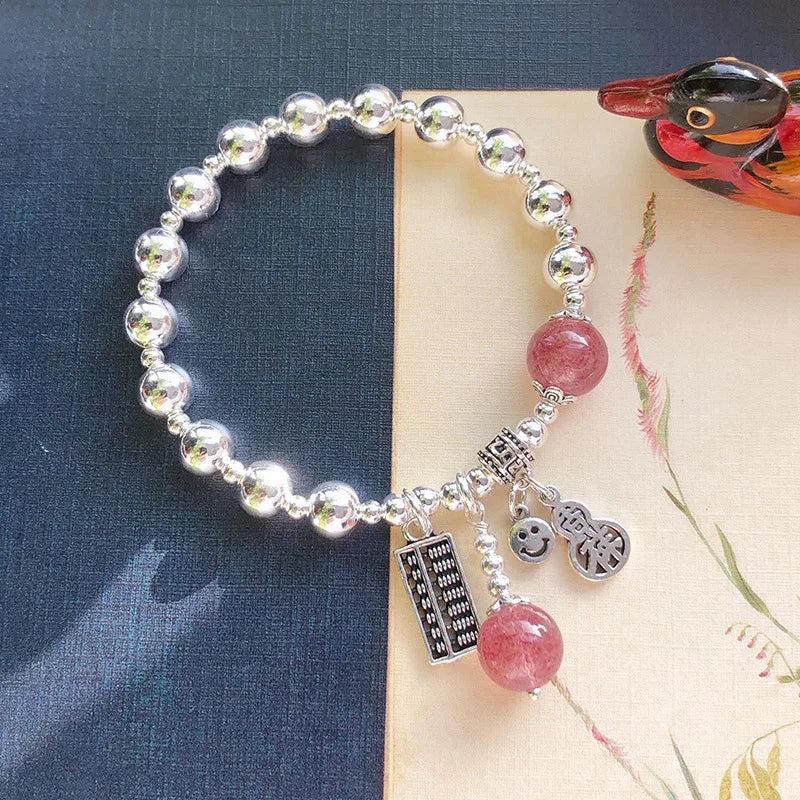 QMCOCO Silver Sweet Bracelet Lady Smile Face Abacus Lucky Cat Strawberry Crystal