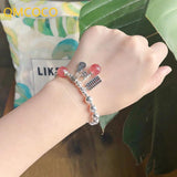 QMCOCO Silver Sweet Bracelet Lady Smile Face Abacus Lucky Cat Strawberry Crystal