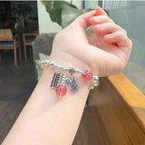 QMCOCO Silver Sweet Bracelet Lady Smile Face Abacus Lucky Cat Strawberry Crystal