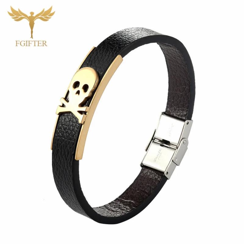 Punk Skull Bracelets for Men Leather Bangles Stainless Steel Clasp