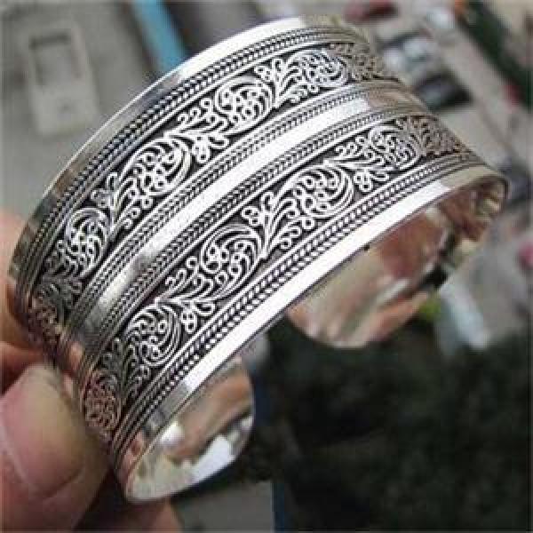 Vintage Women's Lucky Flower Printing Tibet Silver Plated Cuff Bracelet
