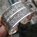 Vintage Women's Lucky Flower Printing Tibet Silver Plated Cuff Bracelet