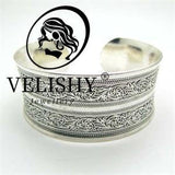 Vintage Women's Lucky Flower Printing Tibet Silver Plated Cuff Bracelet