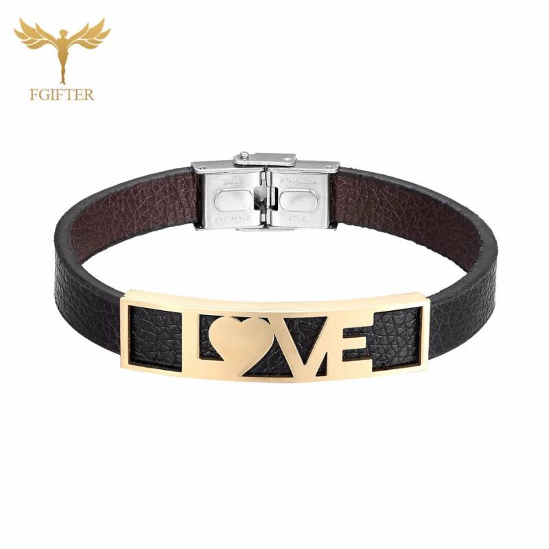 Romantic Couple Bracelet LOVE Heart Leather Bangle Stainless Steel