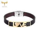 Romantic Couple Bracelet LOVE Heart Leather Bangle Stainless Steel
