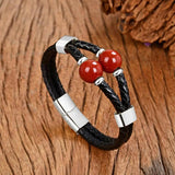 12 Style Round Beads Mens Jewelry Double Leather Bracelets Stainless Steel Clasp