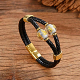 12 Style Round Beads Mens Jewelry Double Leather Bracelets Stainless Steel Clasp