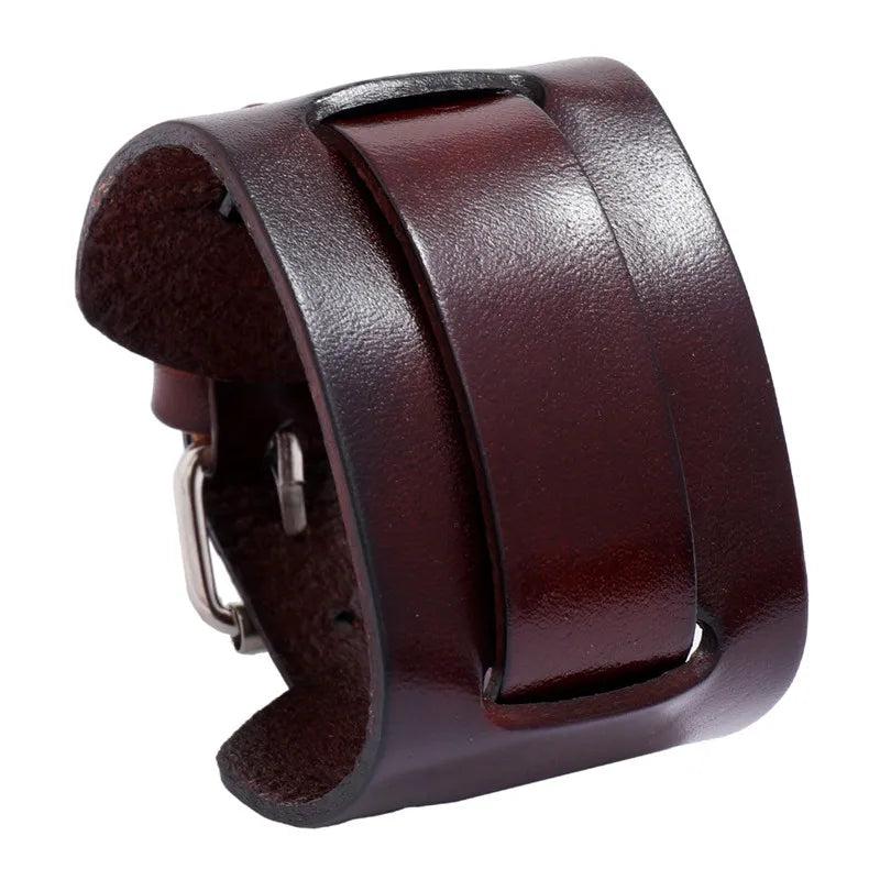 Vintage Metal Charm Leather Bracelet Men Boho Braided Rope Wide Wrap