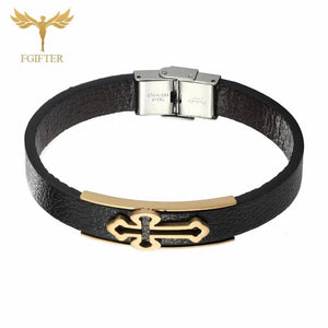 Christian Cross Leather Bracelet Retro Silver Stainless Steel Cuff Bangle