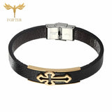Christian Cross Leather Bracelet Retro Silver Stainless Steel Cuff Bangle