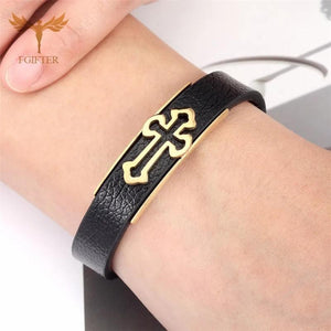 Christian Cross Leather Bracelet Retro Silver Stainless Steel Cuff Bangle