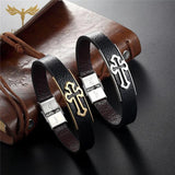 Christian Cross Leather Bracelet Retro Silver Stainless Steel Cuff Bangle