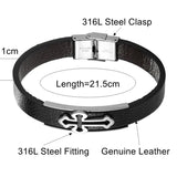 Christian Cross Leather Bracelet Retro Silver Stainless Steel Cuff Bangle