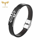 Christian Cross Leather Bracelet Retro Silver Stainless Steel Cuff Bangle