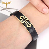 Christian Cross Leather Bracelet Retro Silver Stainless Steel Cuff Bangle