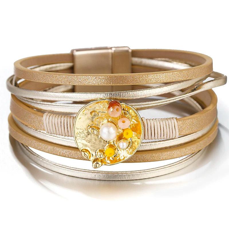Women's Leather Cuff Bracelet with Pearl Charm