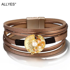 Women's Leather Cuff Bracelet with Pearl Charm