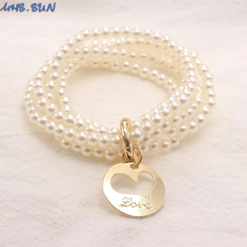Heart/Feather/Smile Charm Bracelets Women ABS Pearls Multilayer Elastic Bangles