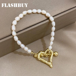 Irregular Pearl Chain Bracelet for Women with Heart Charm