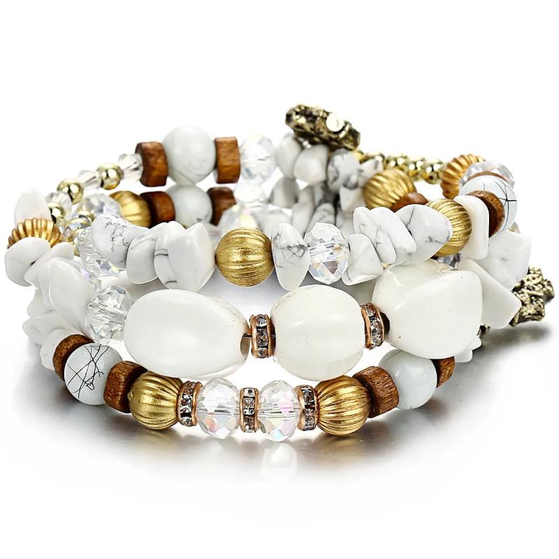 Multilayer Crystal Ceramic Resin Stone Strand Bracelet Women Wood Rhinestone Bea