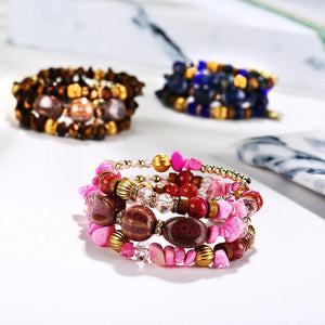 Multilayer Crystal Ceramic Resin Stone Strand Bracelet Women Wood Rhinestone Bea