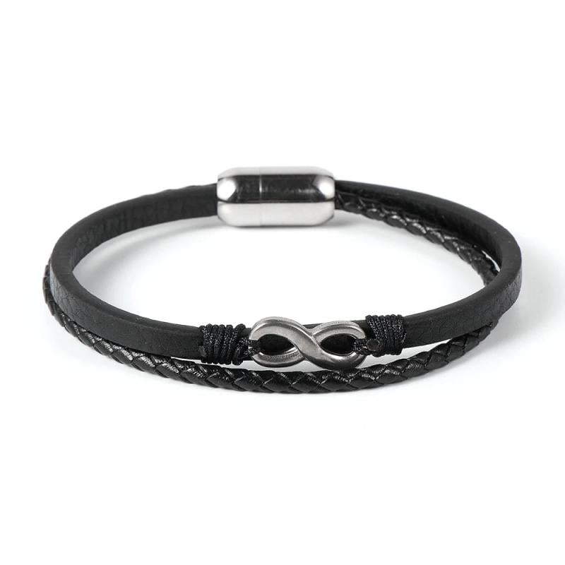 Braided Double Layers Bracelet for Men Infinity Bar Stainless Steel Charm Bangle