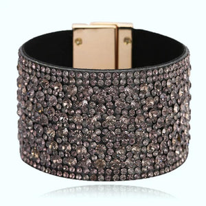 Leather Cuff Bracelet with Rhinestone Snap