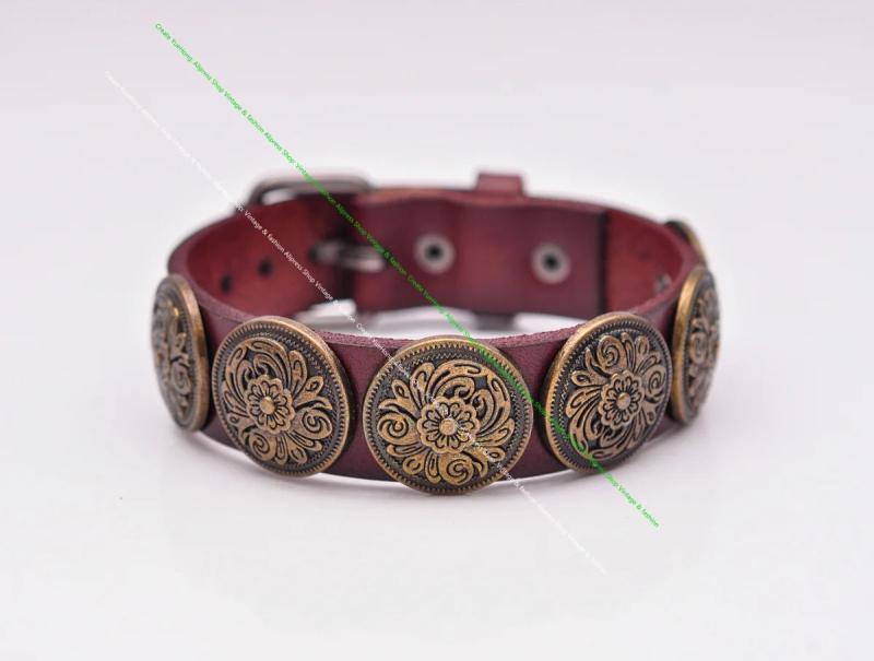 Antique Southwest Flower Concho Studded Leather Bracelet