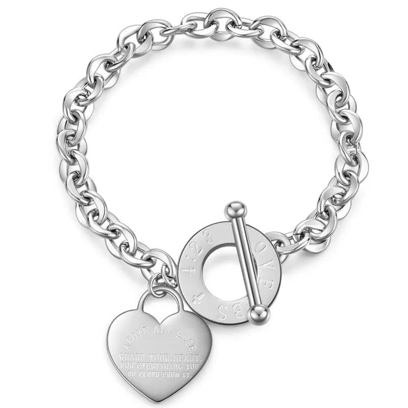 Silver Stainless Steel Heart Cross Wedding Bracelet for Women