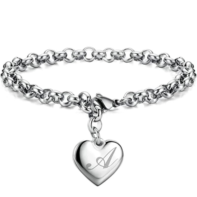 Punk Charm Silver Bracelet Stainless Steel Heart 26 Letters Alphabet