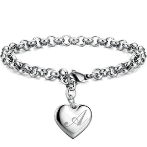 Punk Charm Silver Bracelet Stainless Steel Heart 26 Letters Alphabet