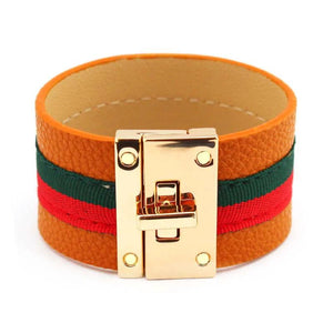 Women Cuff Leather Bracelets Red Green Ribbon Bangles Lock Wide Charm Bracelets