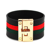 Women Cuff Leather Bracelets Red Green Ribbon Bangles Lock Wide Charm Bracelets