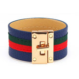Women Cuff Leather Bracelets Red Green Ribbon Bangles Lock Wide Charm Bracelets