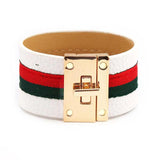 Women Cuff Leather Bracelets Red Green Ribbon Bangles Lock Wide Charm Bracelets